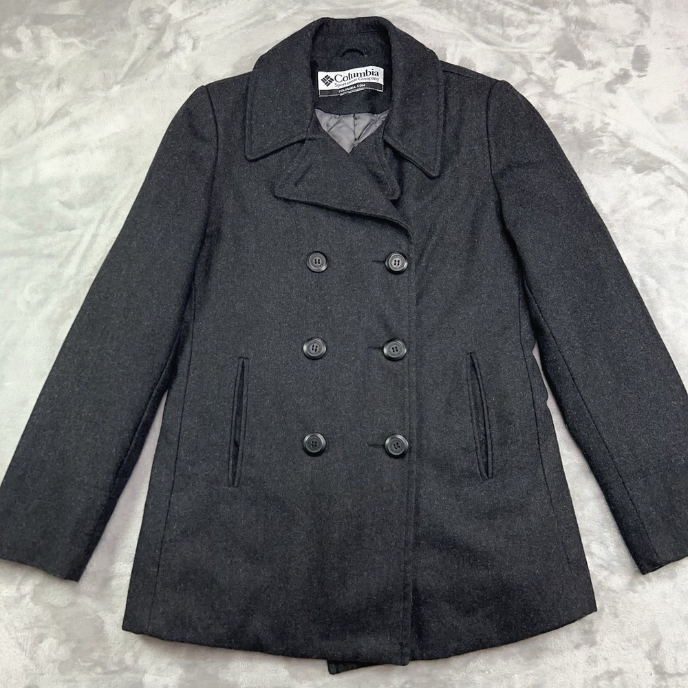 COLUMBIA Double Breasted Pea Coat Women Medium Wool Blend Quilted Line Dark Gray